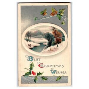 Vintage Embossed Christmas Postcard Winter Scene with Holly 1912